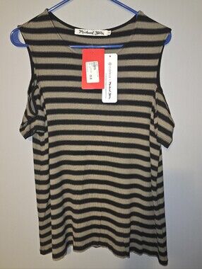 Michael Stars Black and Olive Green Striped Cold-Shoulder Top